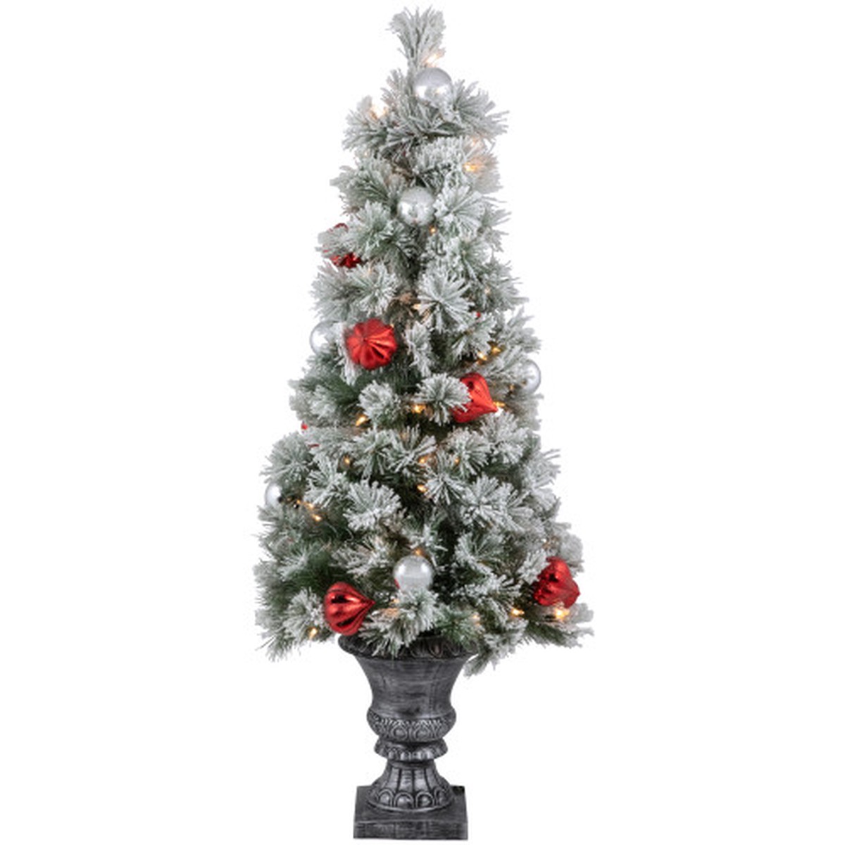 4 Pre-Lit Potted Snowy Bristle Pine Flocked Artificial Christmas Tree, Clear Lights
