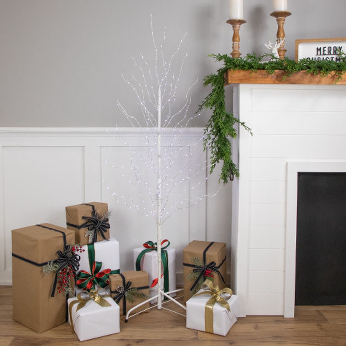 5′ Pre-Lit White Birch Christmas Twig Tree – Cool White LED Lights