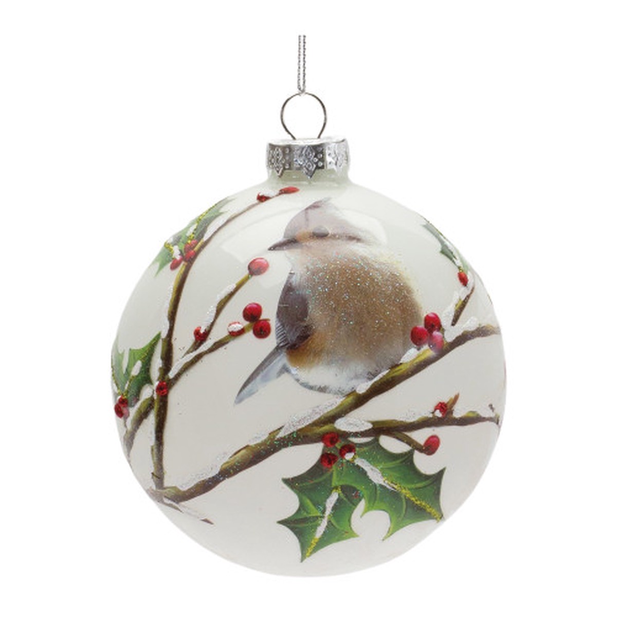 Bird on Branch Christmas Glass Ball Ornaments 5″ (127mm) – 6ct
