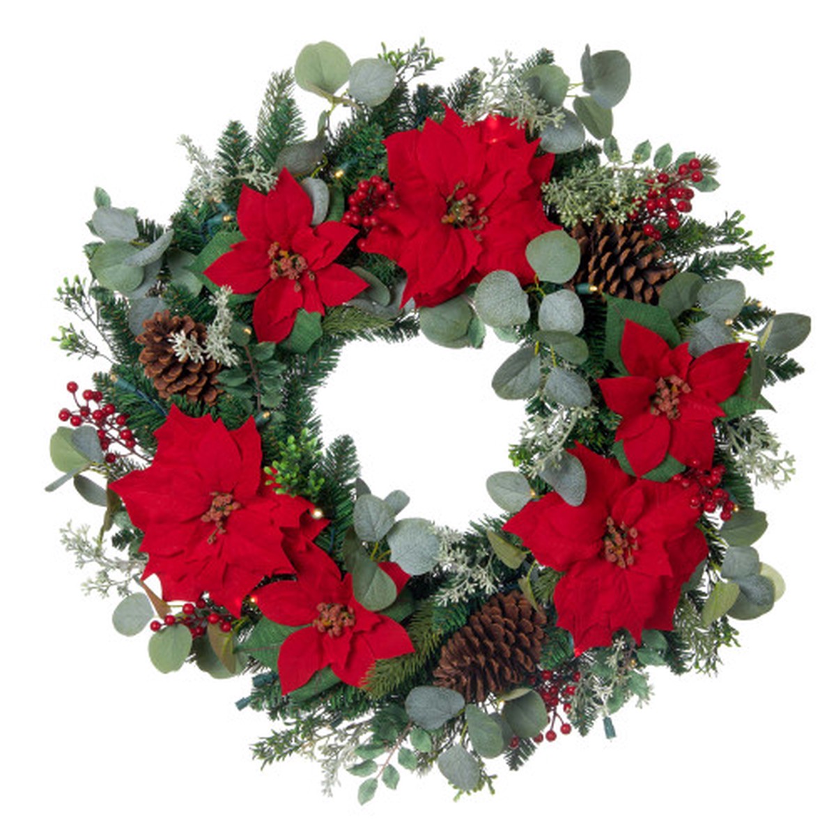 Pre-Lit Red Poinsettia Artificial Christmas Wreath, 30-Inch, LED Mini Lights