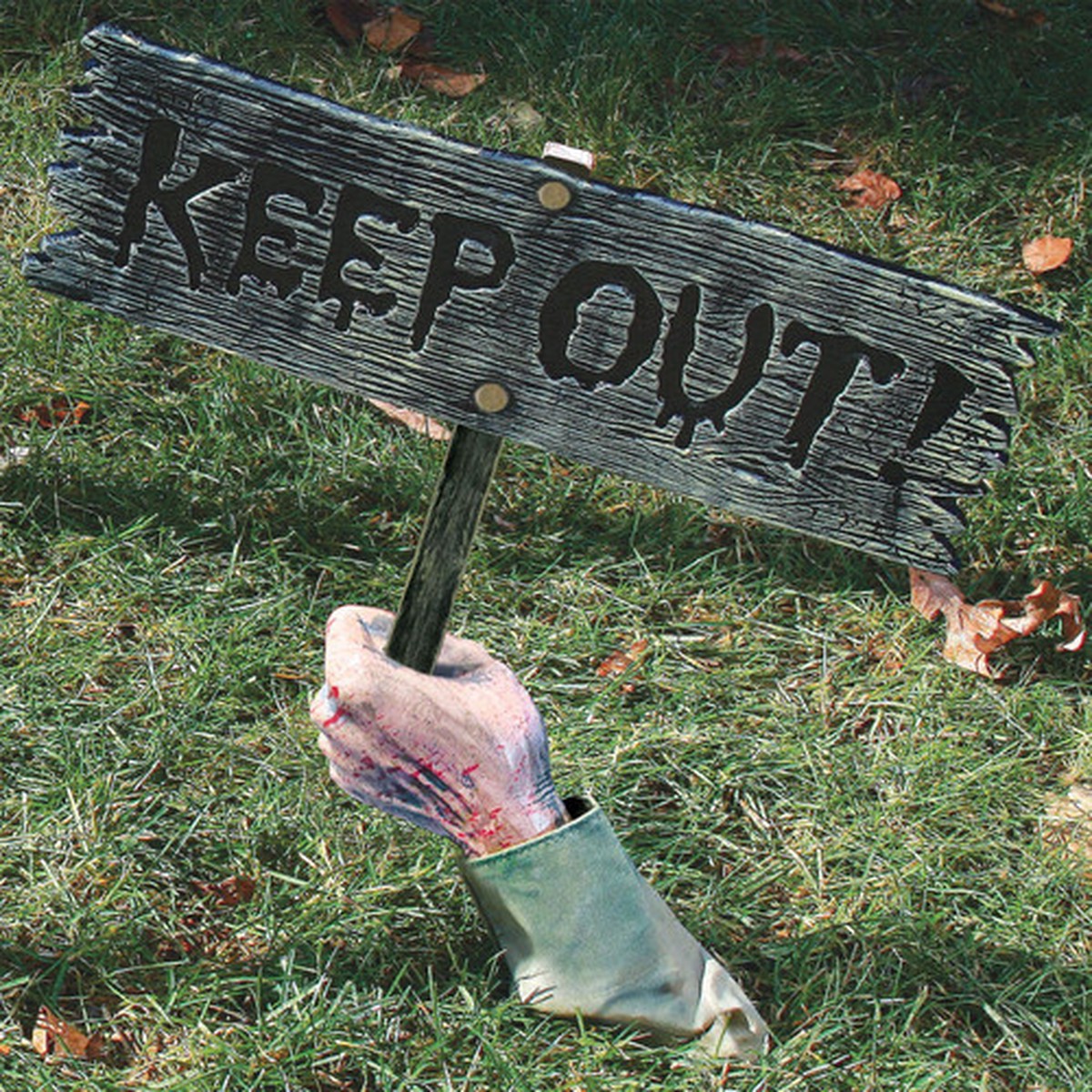 Zombie Arm Holding a “Keep Out!” Sign Outdoor Halloween Yard Decoration – 19″