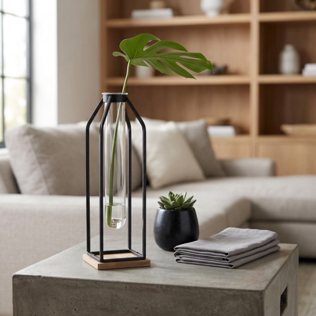 12.25″ Black and Brown Handmade Lantern with Glass Tube Insert