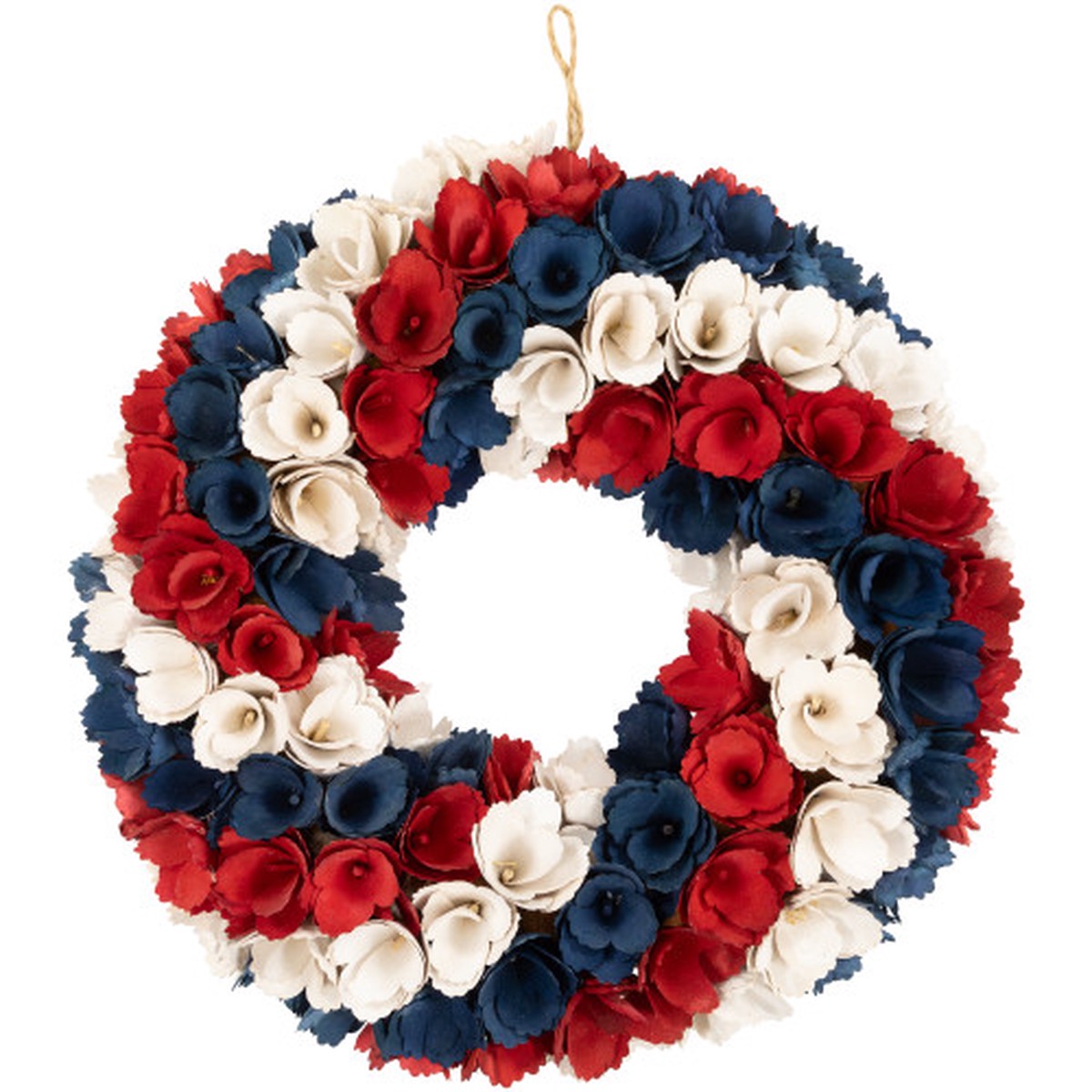 14″ Patriotic Wood Shaved Flowers 4th of July Wreath – Red, White and Blue
