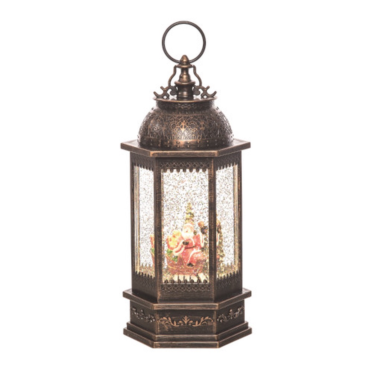 11.75″ Pre-lit Black Ornate with Santa in Sleigh Artificial Christmas Snow Globe