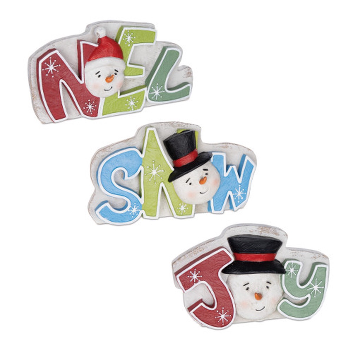 “Snow”, “Noel” and “Joy” Christmas Tabletop Signs – 7″ – Multi-Color – Set of 3
