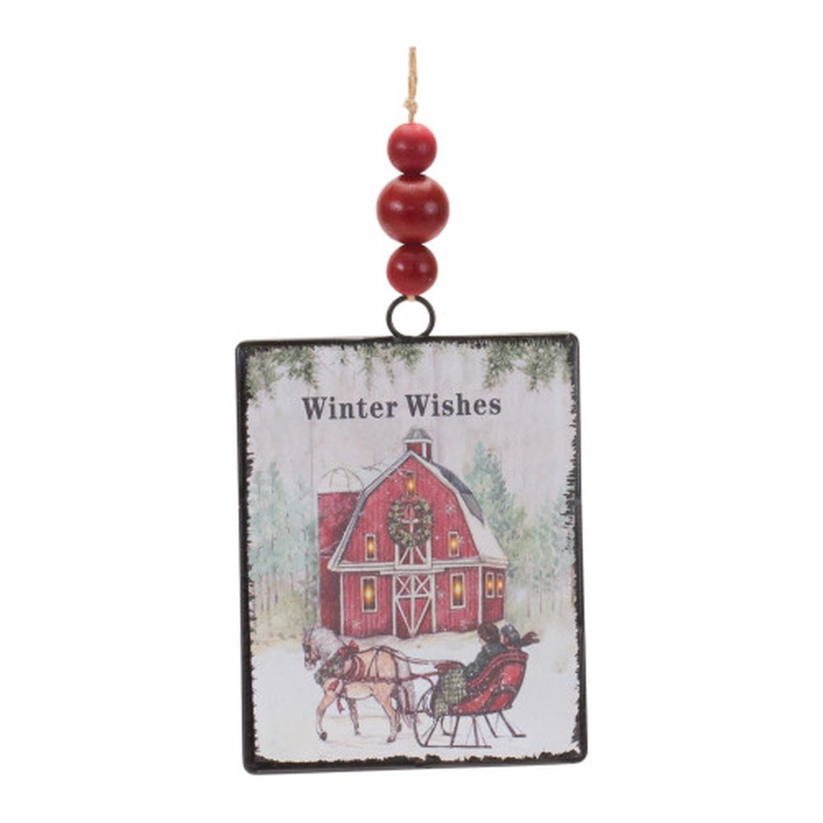 “Winter Wishes” Barn Christmas Tag Ornaments – 6.25″ – 12ct