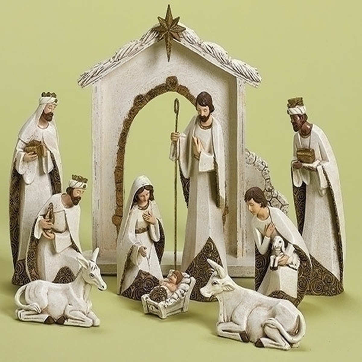 10-Piece Ivory and Gold Religious Christmas Nativity Figurine Set
