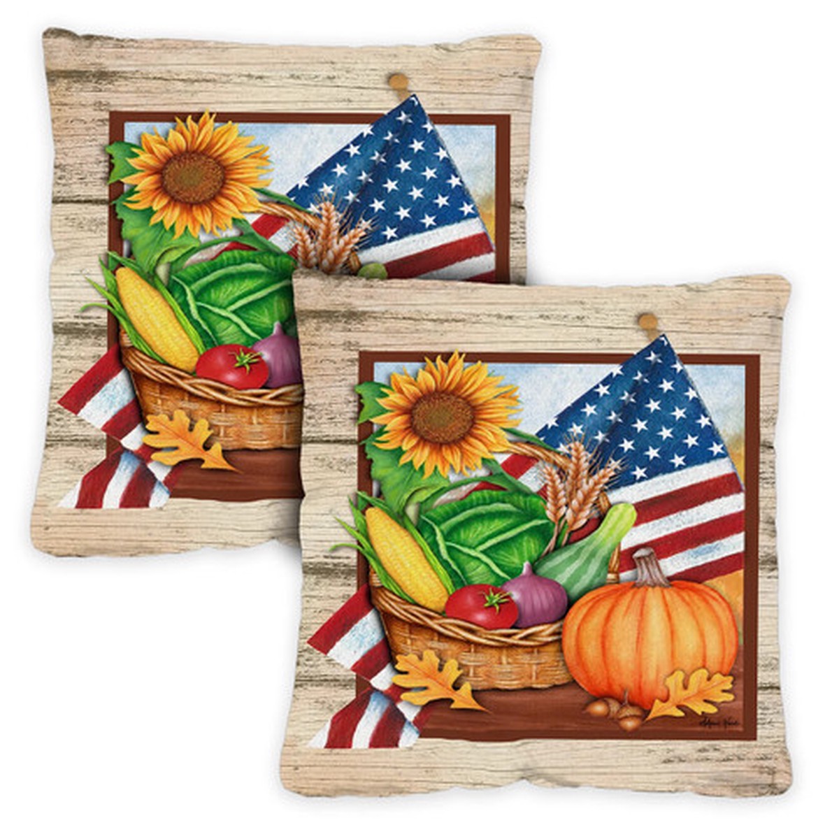 Set of 2 Americana Fall Harvest Outdoor Patio Throw Pillow Covers 18