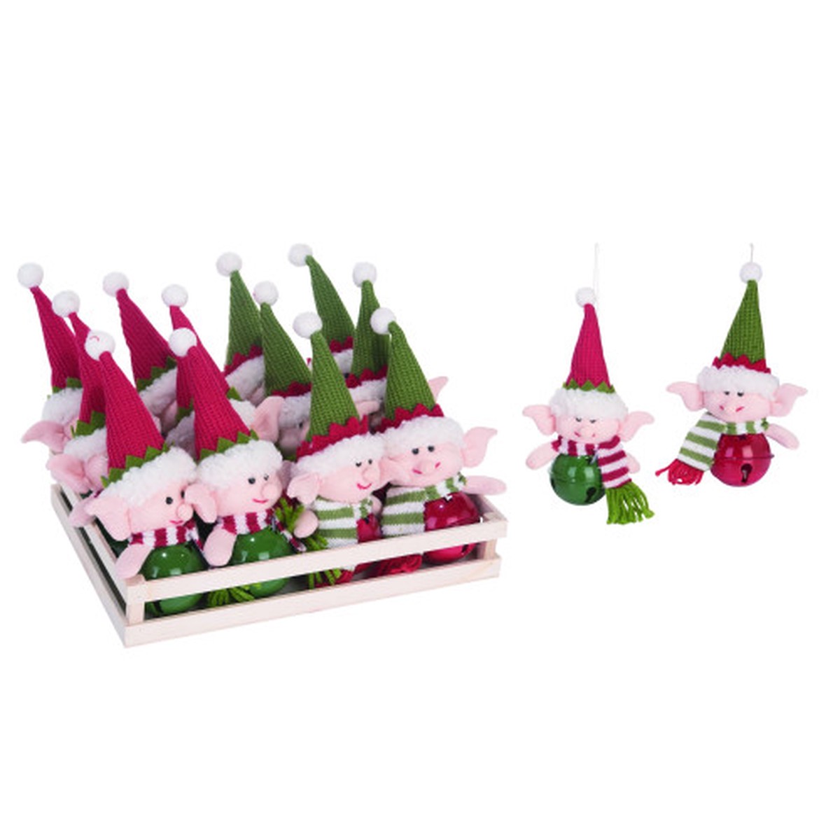 12-Piece Red and Green Plush Elv Bell Christmas Ornaments 6″