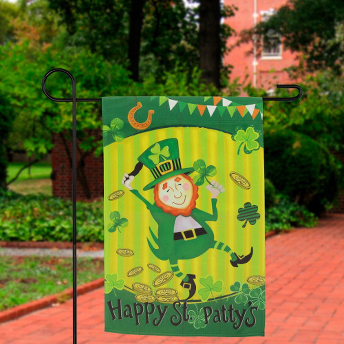 18″ x 12.5″ Horseshoes and Shamrocks Dancing Leprechaun Happy St. Patty’s Outdoor Garden Flag