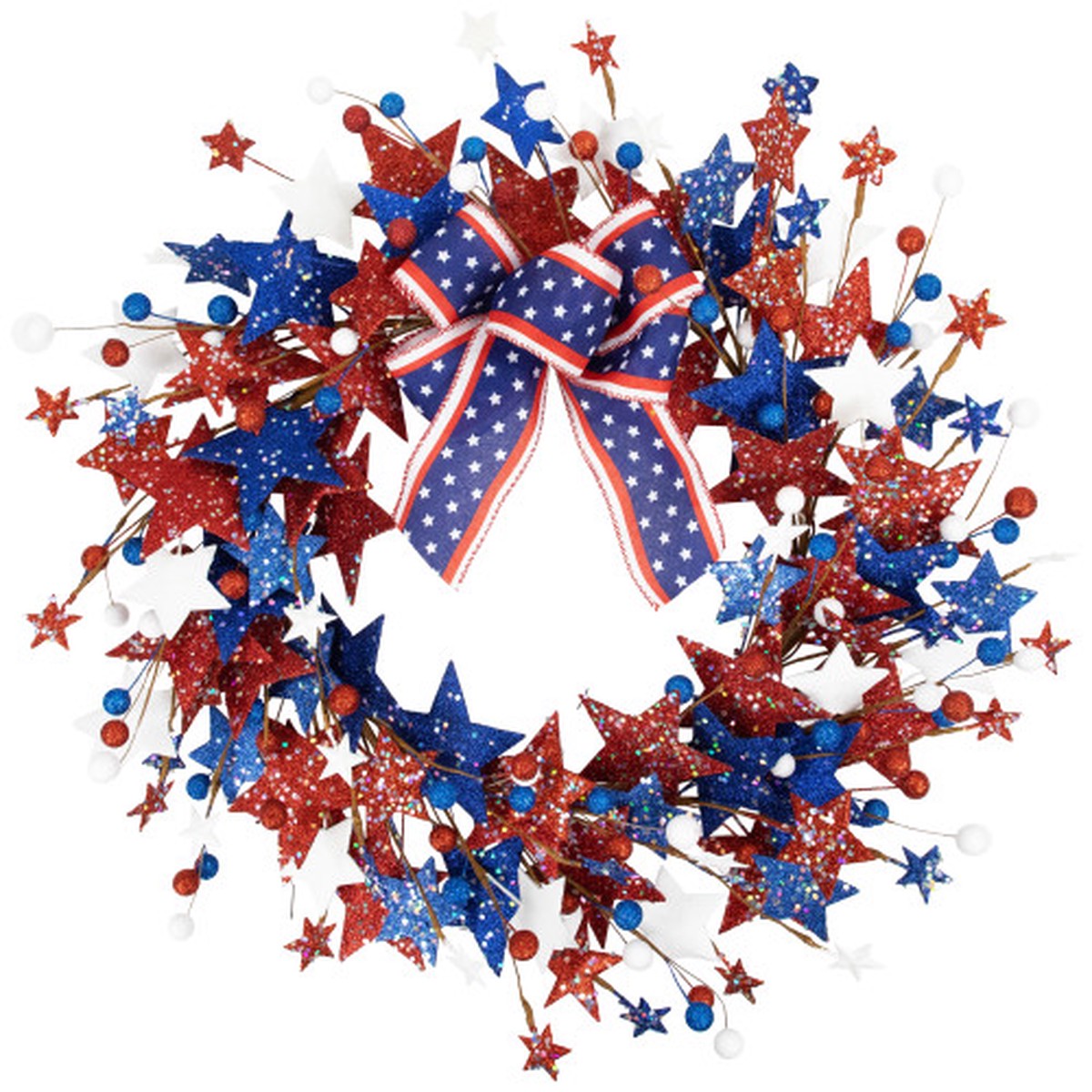 24″ Glittered Stars with Americana Bow Artificial Patriotic Twig Wreath