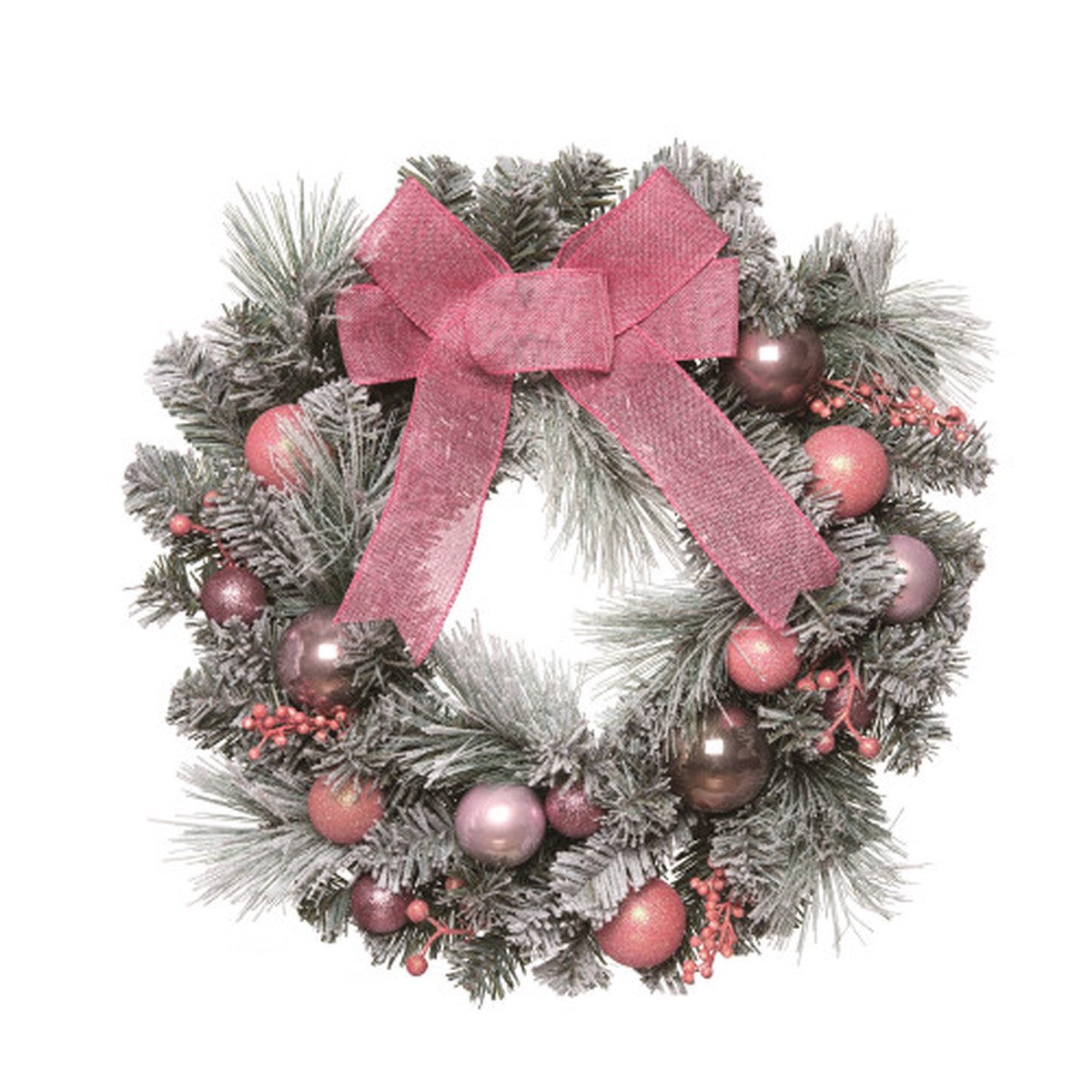 Flocked Pine Artificial Christmas Wreath with Pink Ornaments, 24-Inch, Unlit