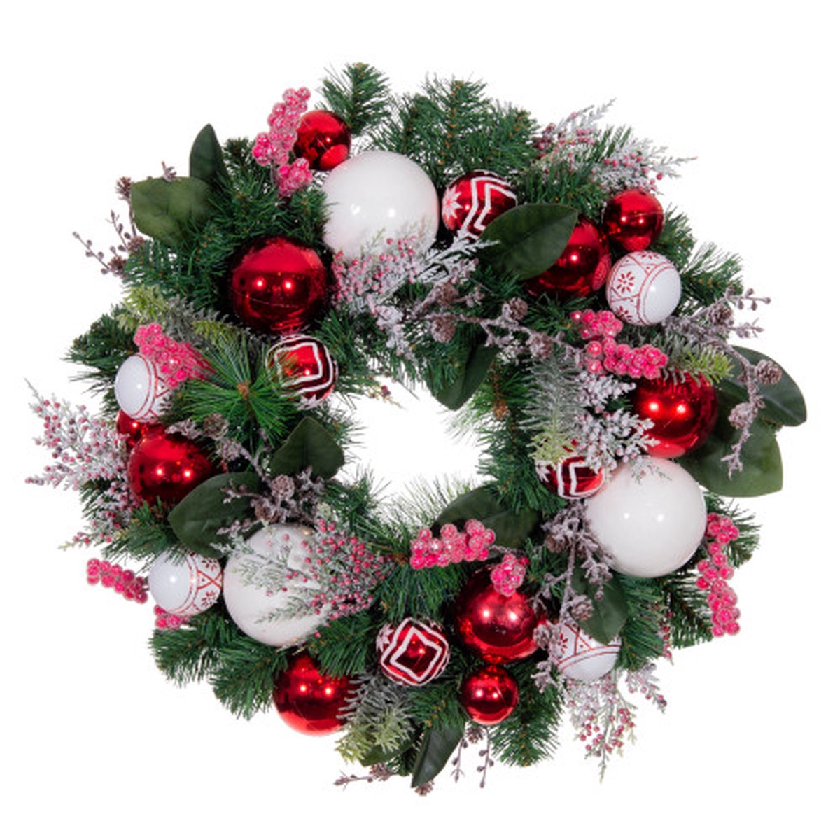 Pre-Lit Red and Green Nordic Artificial Christmas Wreath, 24-Inch, LED Lights