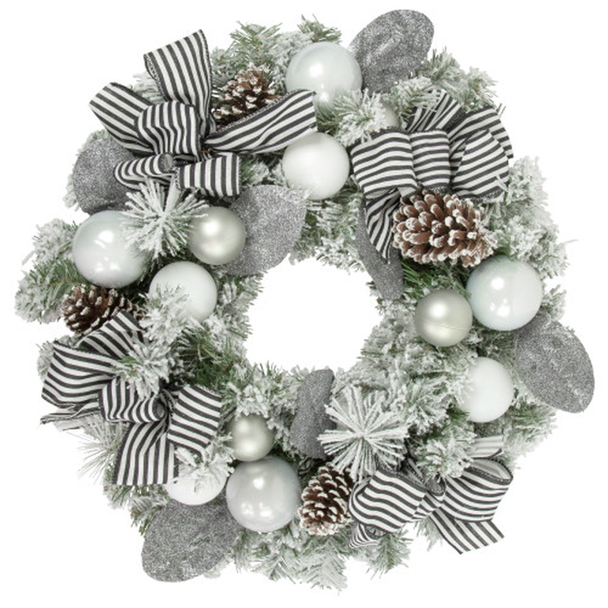 Frosted Pine Artificial Christmas Wreath with Striped Bows – 24″ – Unlit