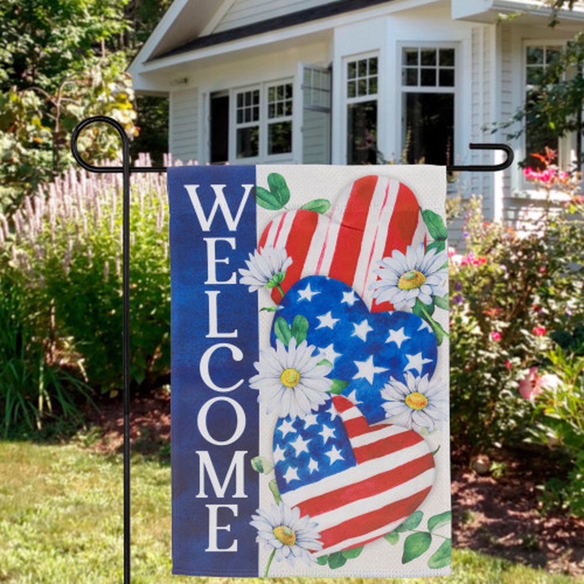 Stars and Stripes Hearts “Welcome” Americana Outdoor Garden Flag – 18″ x 12.5″