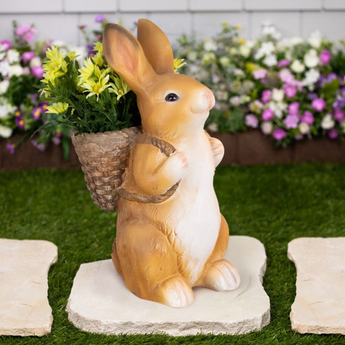 Standing Bunny Carrying a Basket Outdoor Garden Statue – 16.75″