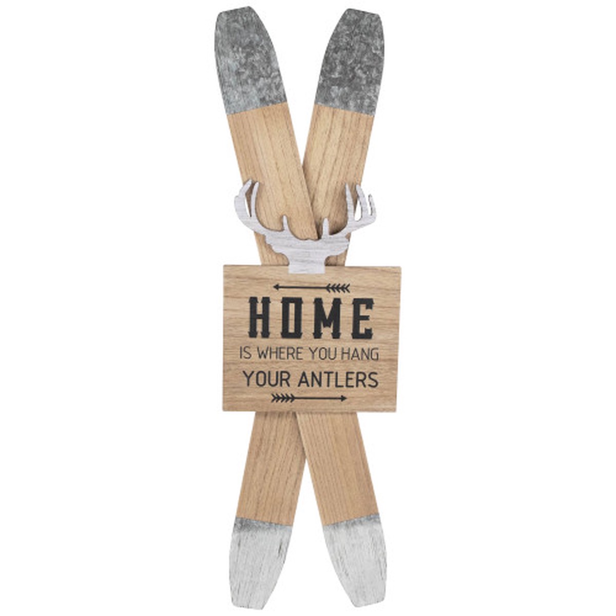 Wooden “Home is Where You Hang Your Antlers” Ski’s Christmas Wall Sign – 35.75″