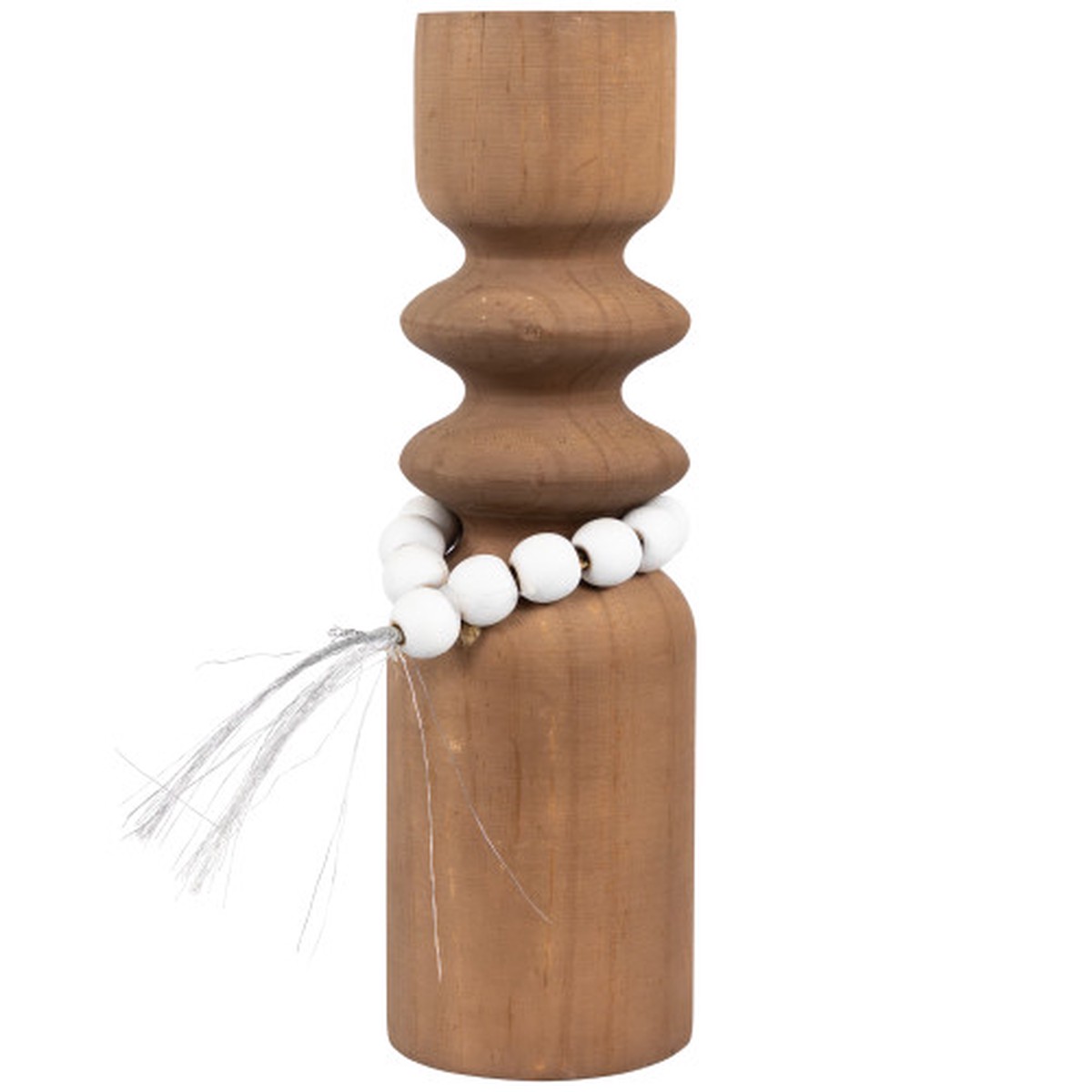 Wooden Tealight Candle Holder with Beaded Tassel – 9.75″ – Brown