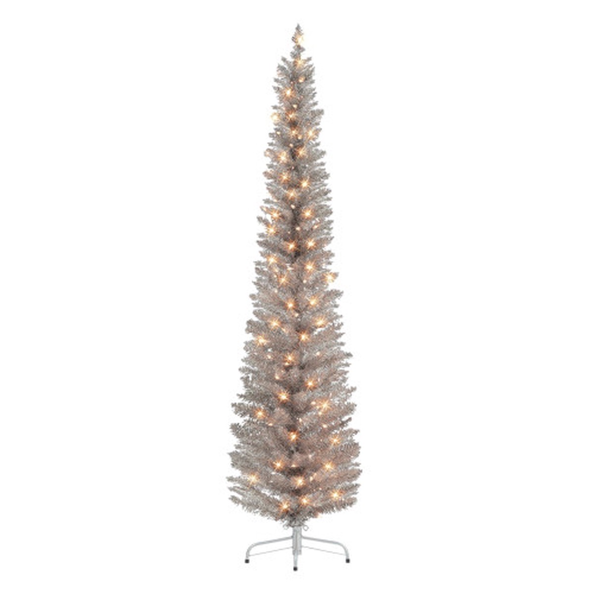 6′ Pre-Lit Rose Gold Tinsel Pencil Artificial Christmas Tree, Clear Lights