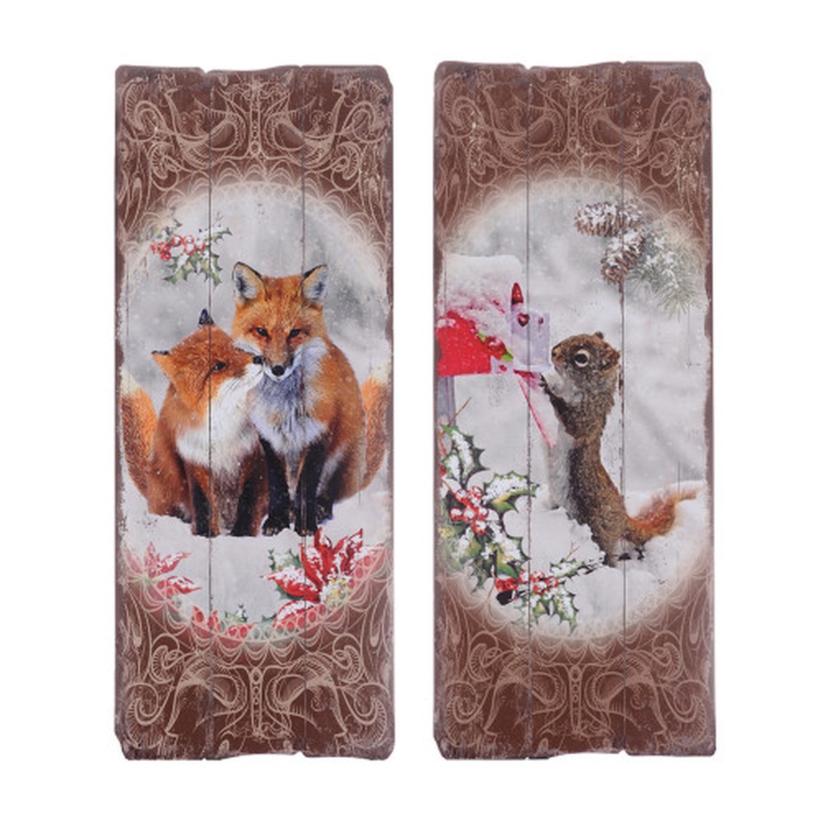 Winter Fox and Squirrel Plaques – 23.5″ – Brown and Orange – 2ct