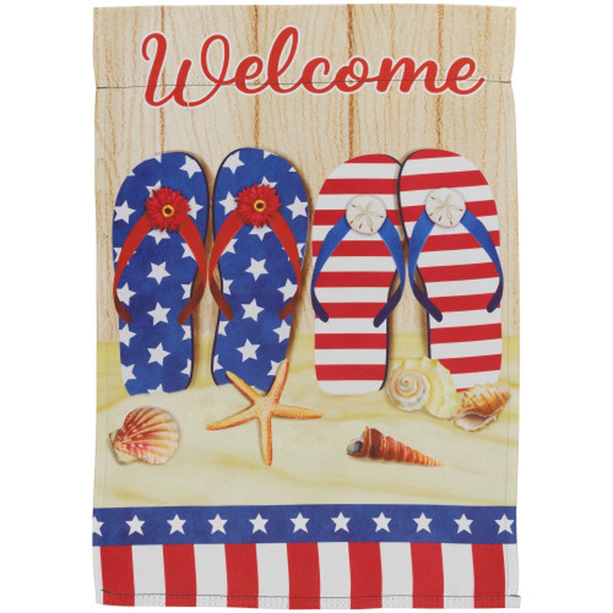 18″ x 12.5″ Patriotic Flip-Flops on a Sandy Beach “Welcome” Outdoor Garden 4th of July Flag