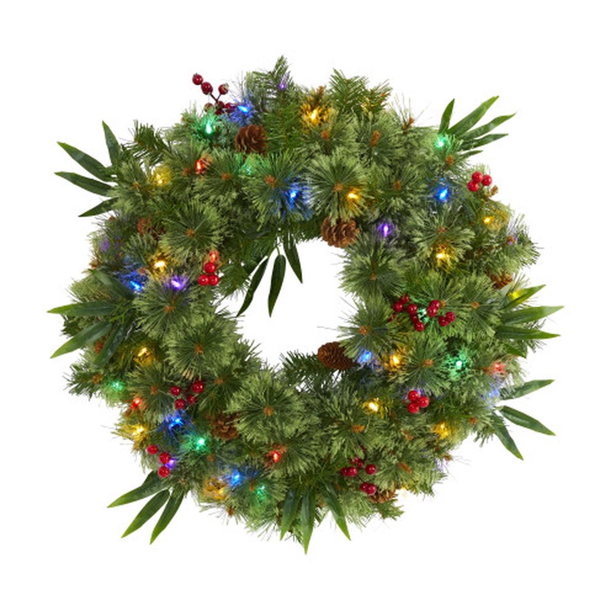 Berry and Pinecone Artificial Christmas Wreath, 24-Inch, Multicolor LED Lights