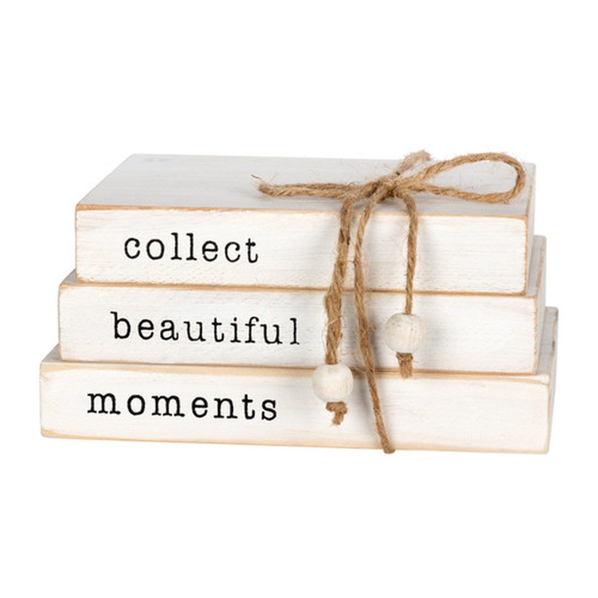 “Collect Beautiful Moments” Distressed Wooden Stacked Book – 8″ – White