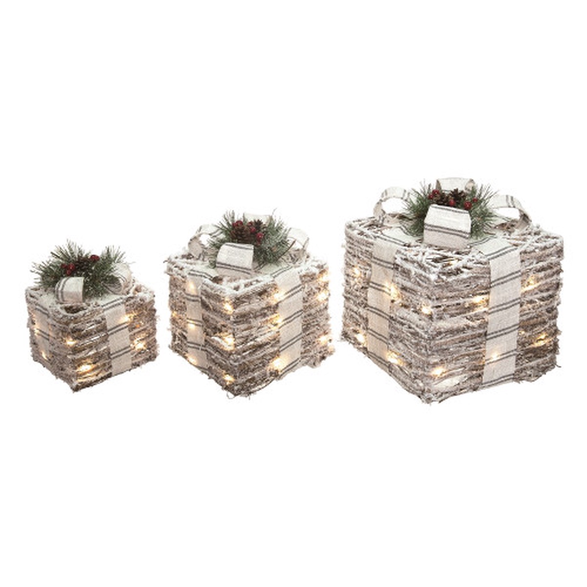 Set of 3 Pre-Lit Ticking Stripe Bow Present Gift Christmas Tabletop Decor 13″