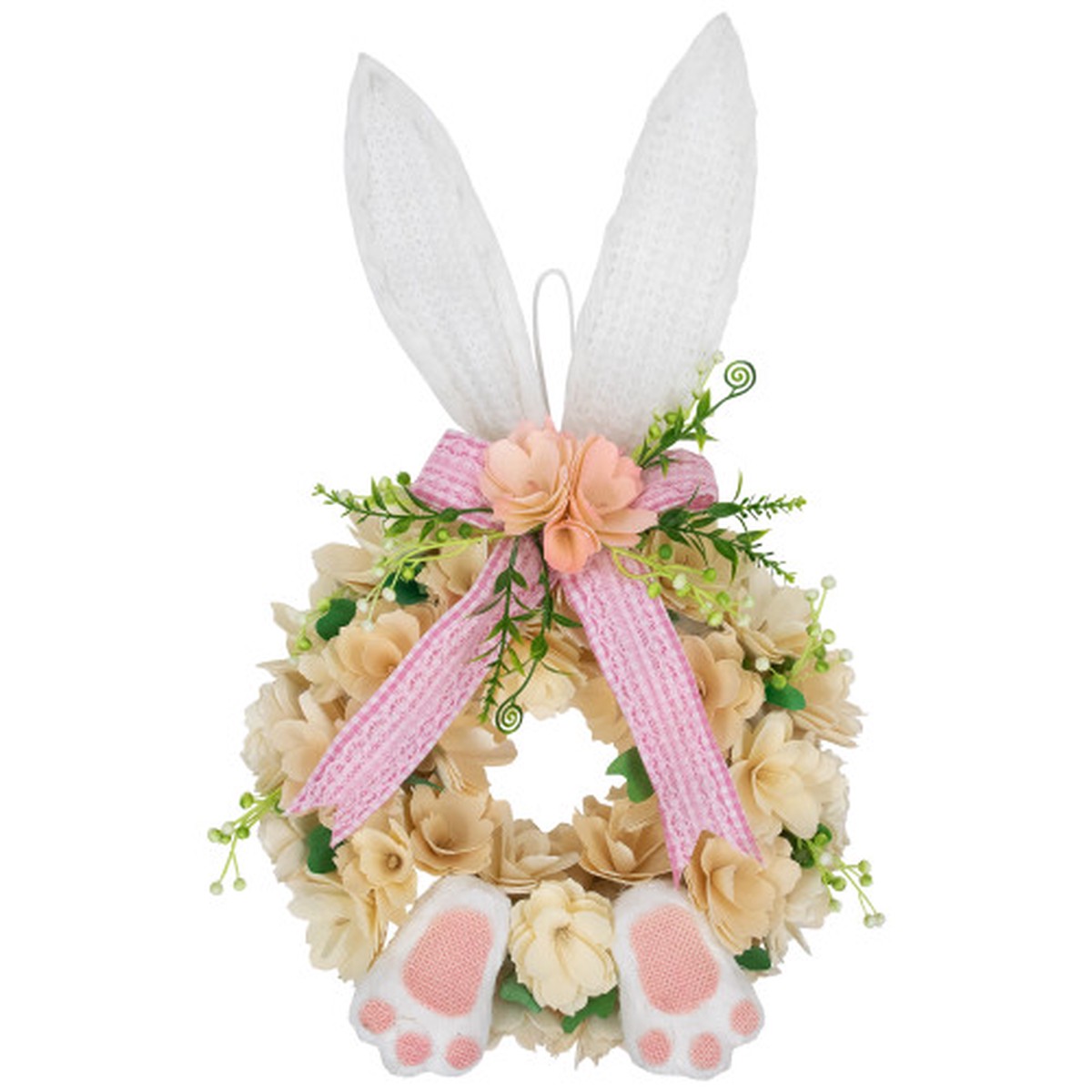 Wooden Floral Artificial Easter Wreath with Rabbit Ears and Paws – 18″