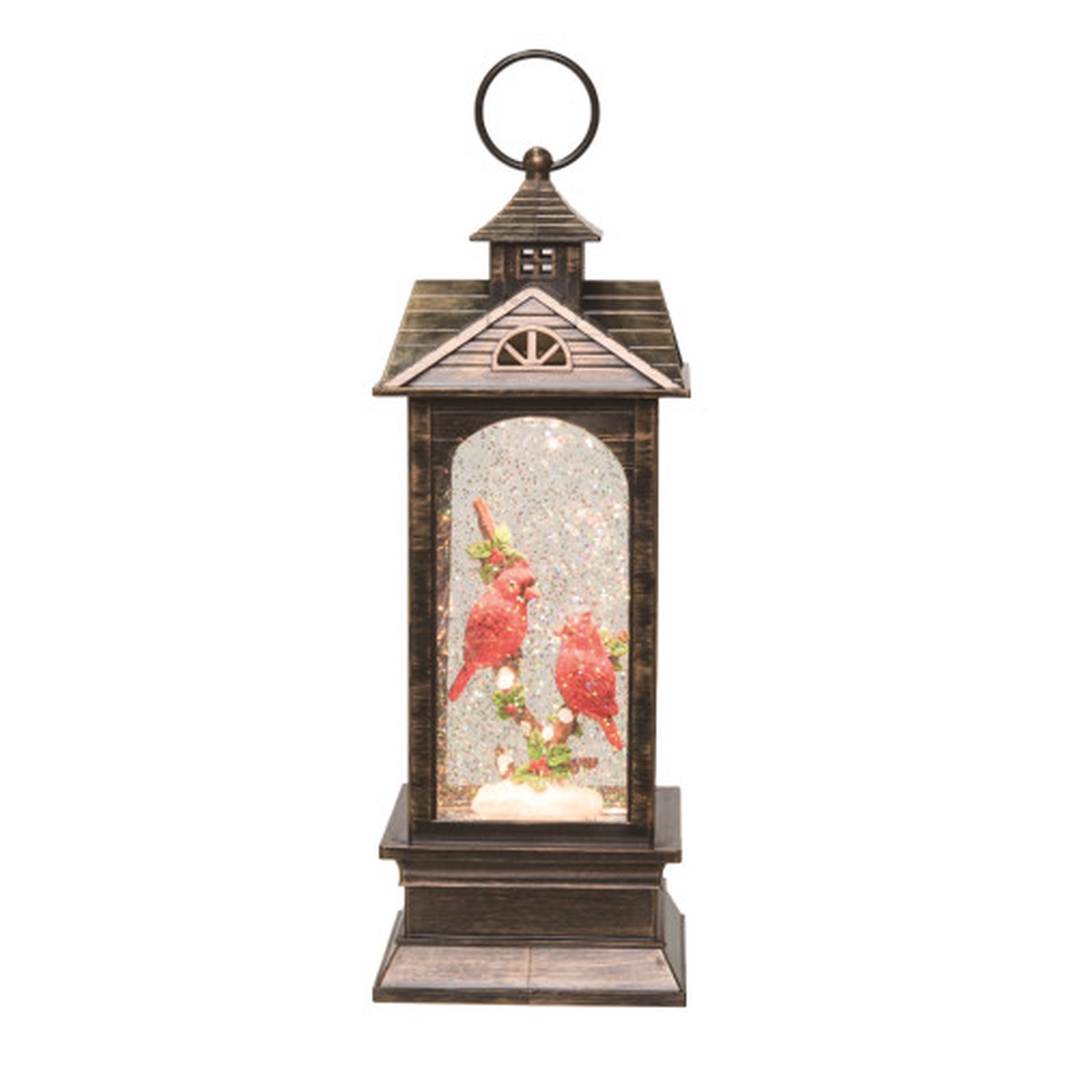 11.25″ Pre-lit Brown Lantern with Cardinals Artificial Christmas Snow Globe