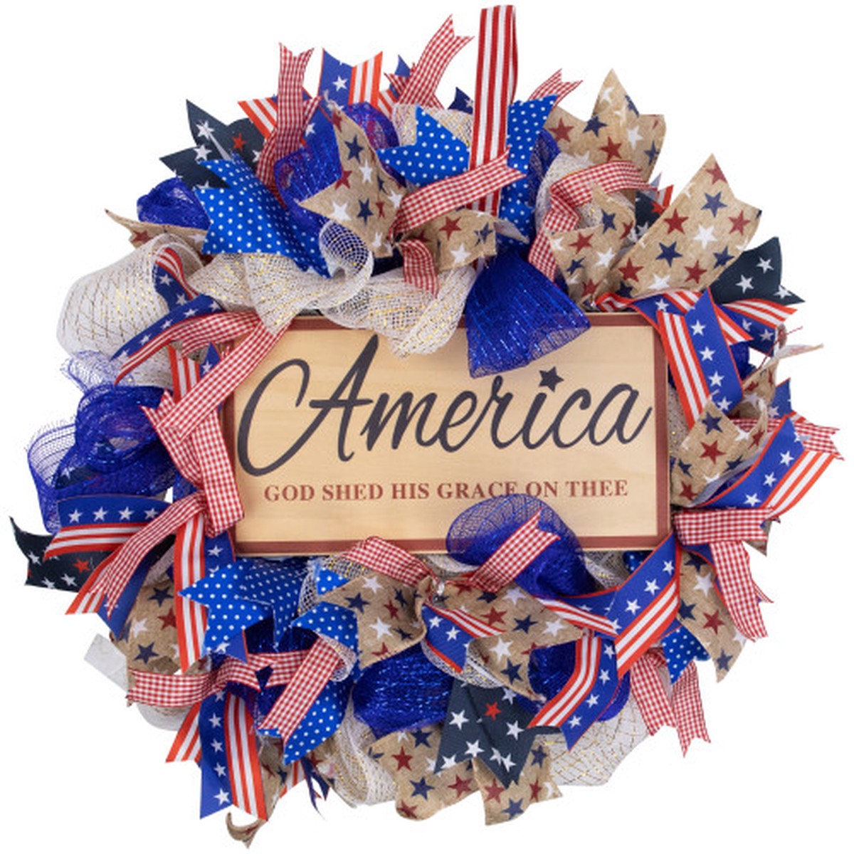 18″ America, God Shed His Grace on Thee Stars and Stripes Patriotic Bow Wreath