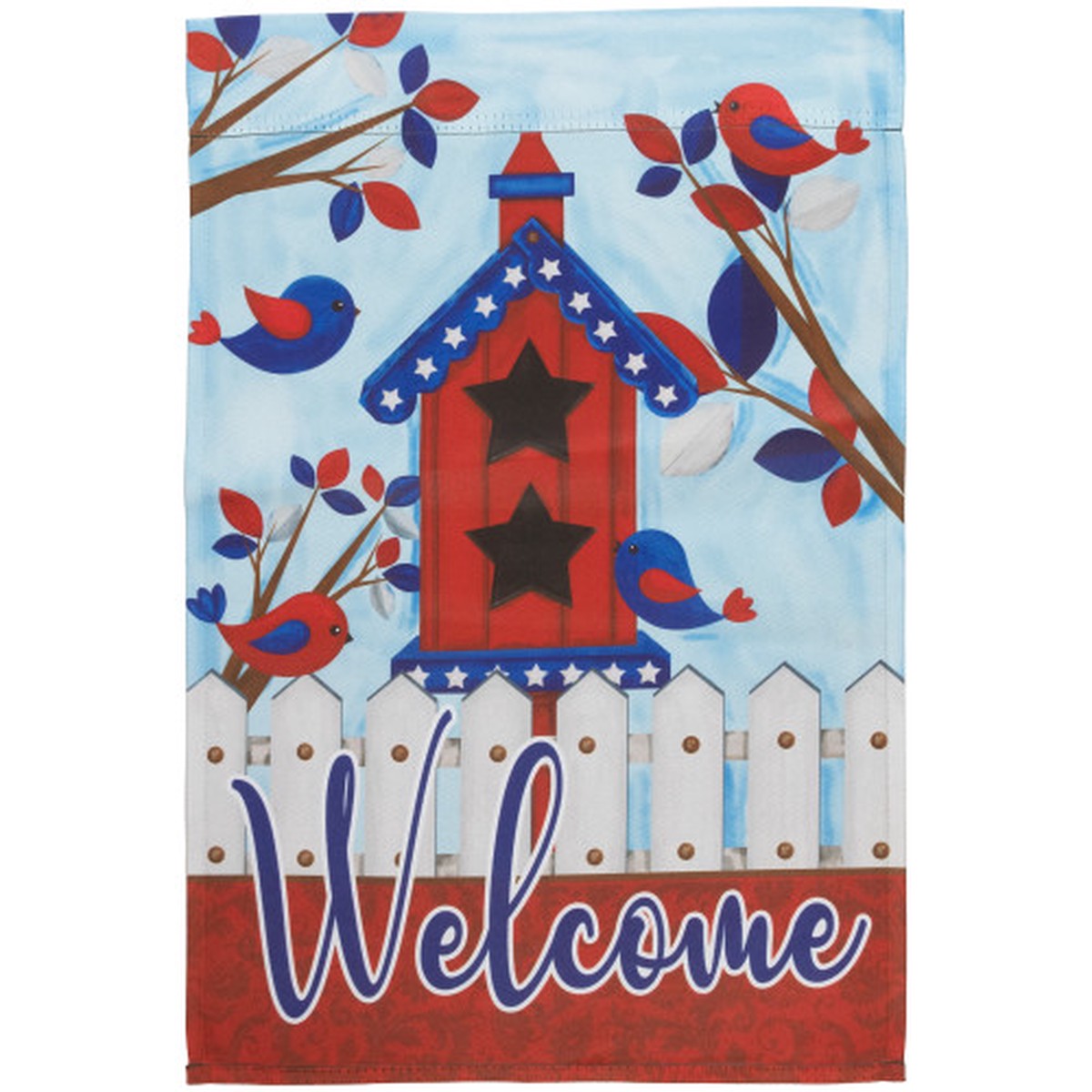 18″ x 12.5″ – Americana Fenced Birdhouse “Welcome” 4th of July Garden Flag