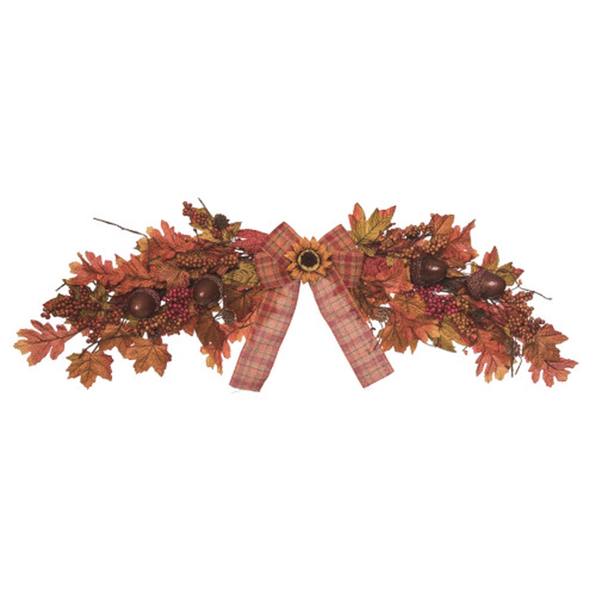 36″ Plaid Bow with Sunflower and Acorns Artificial Fall Harvest Swag