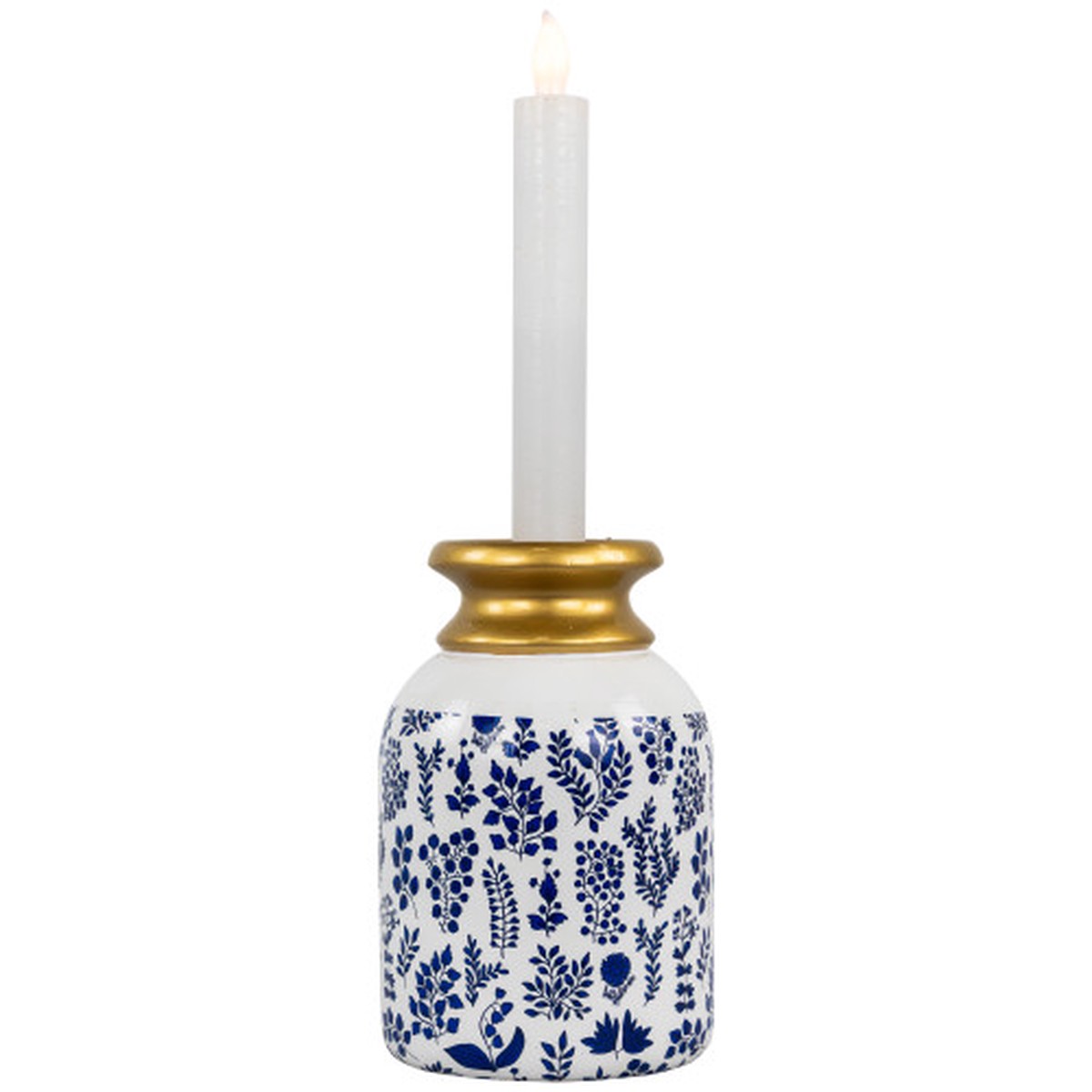 Wooden Floral Taper Candle Holder – 6″- White and Blue