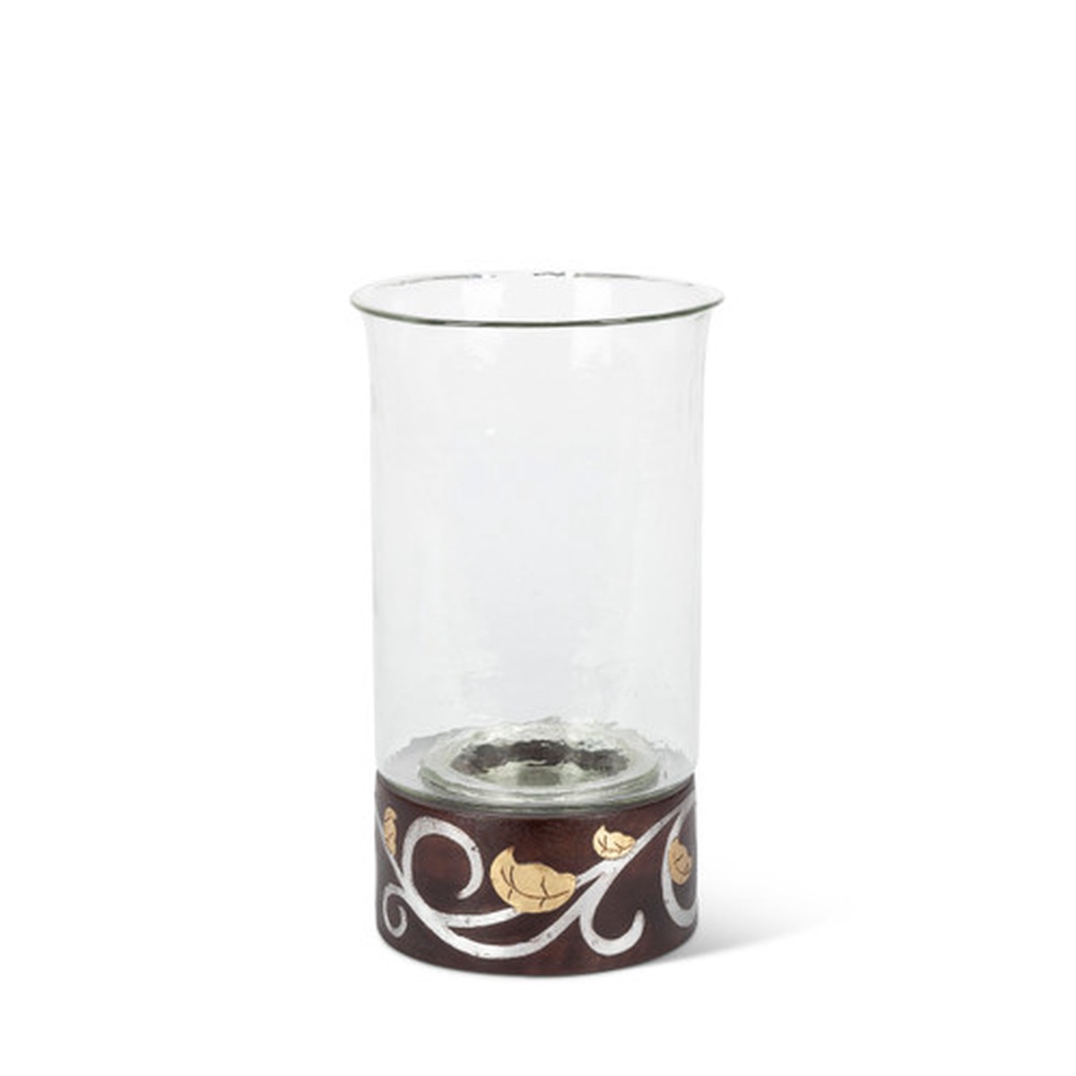 13.5″ Clear and Black Unique Gold Leaf Mango Wooden Inlay Round Candle Holder