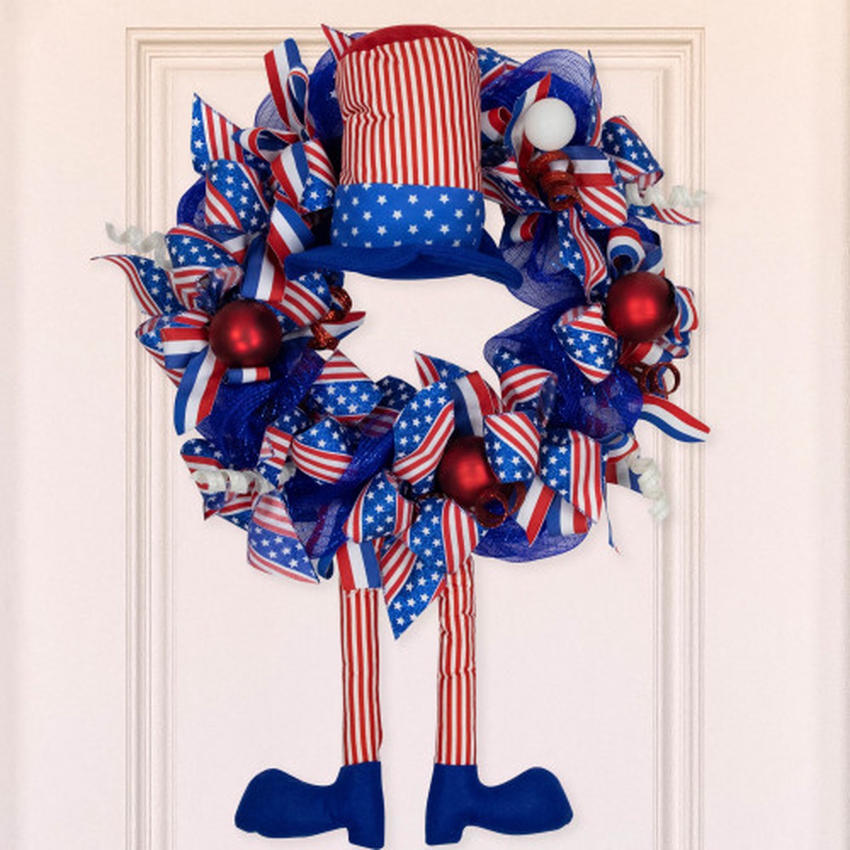 24″ Patriotic Uncle Sam Hat with Legs Deco Mesh Ribbon 4th of July Wreath