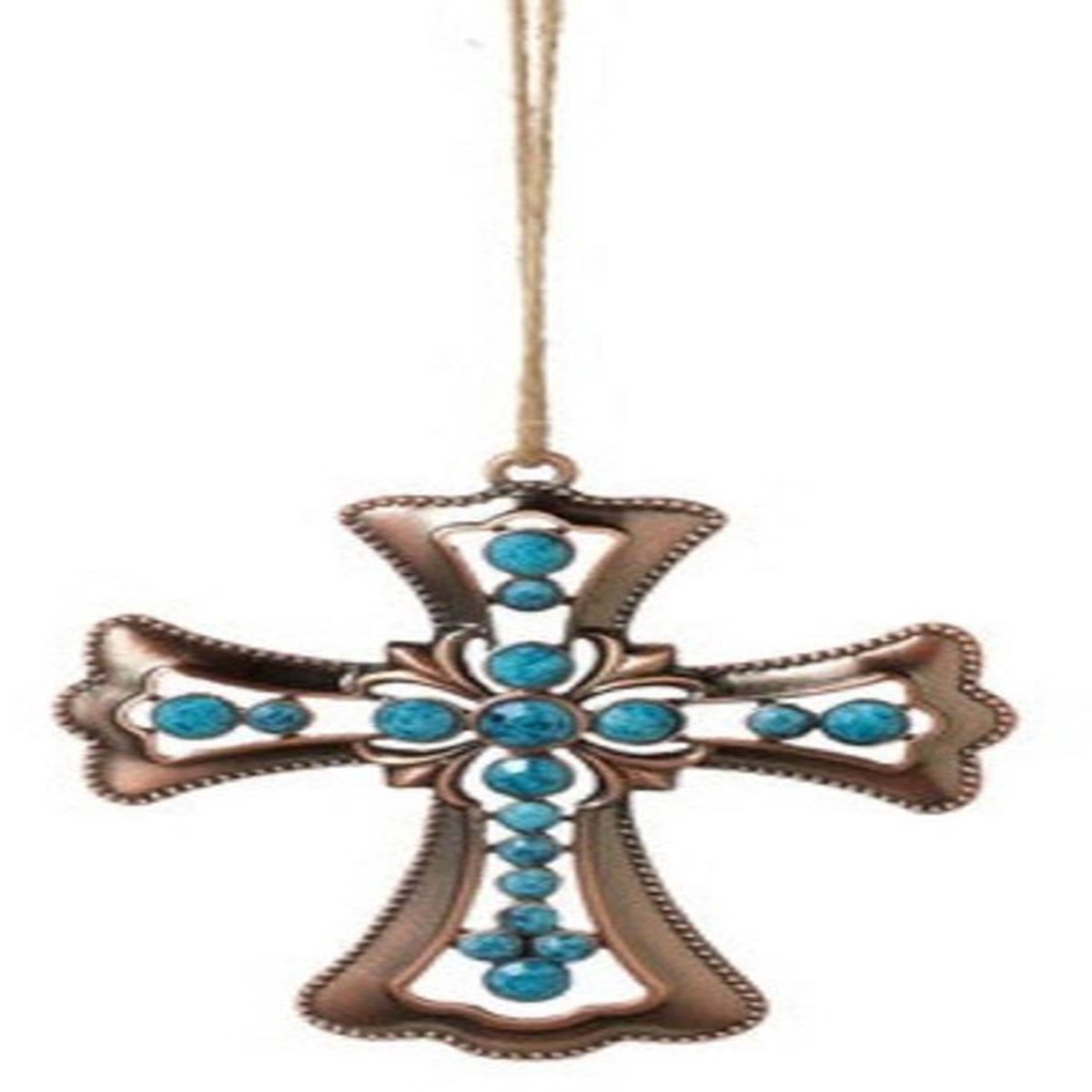 3.75″ Brown and Blue Beaded Cross Christmas Ornament with Faceted Stones