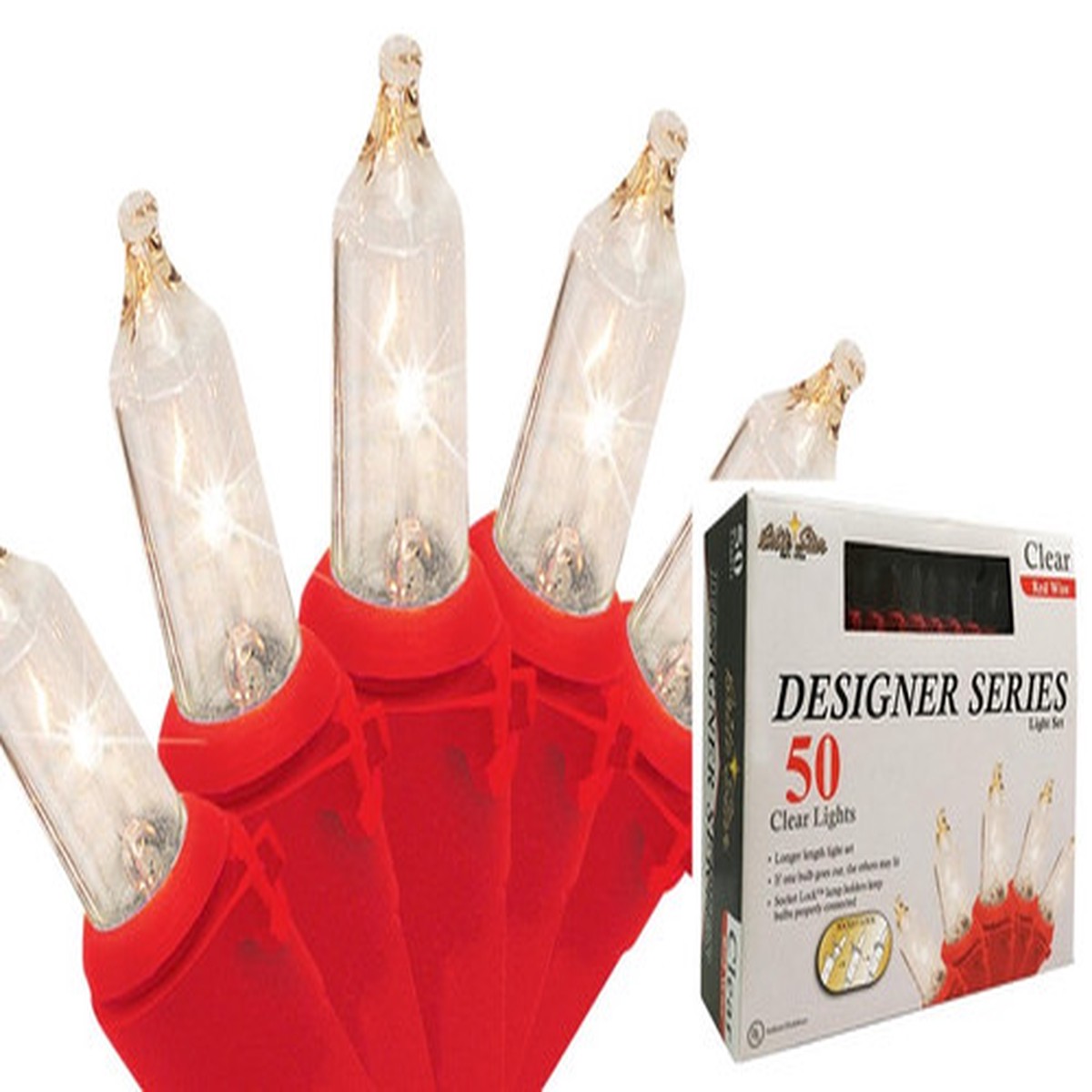 50-Count Clear Incandescent Mini Christmas Light Set, 17ft Red Wire