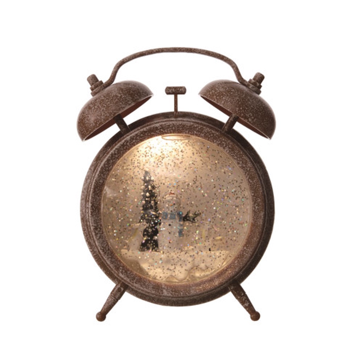 7.25″ Brown and White Pre-Lit Christmas Metallic Alarm Clock Shaped Snow Globe