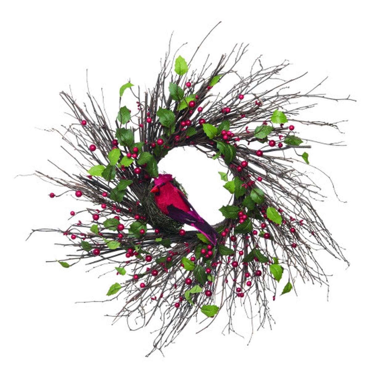 Red Berries and Twigs Cardinal Artificial Christmas Wreath with Bird – 24-Inch, Unlit