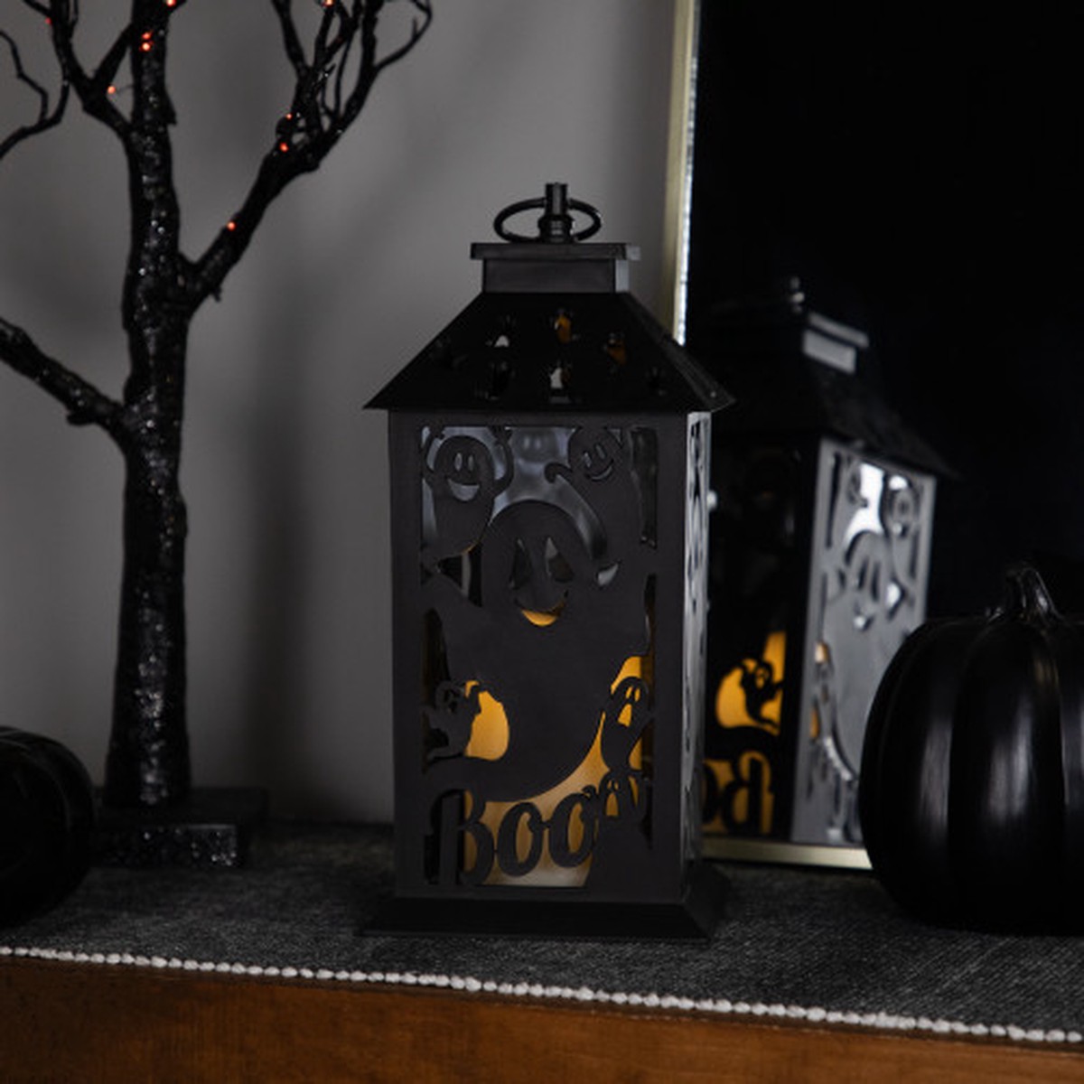 11″ LED Lighted Boo Ghosts Halloween Lantern with Candle – Black