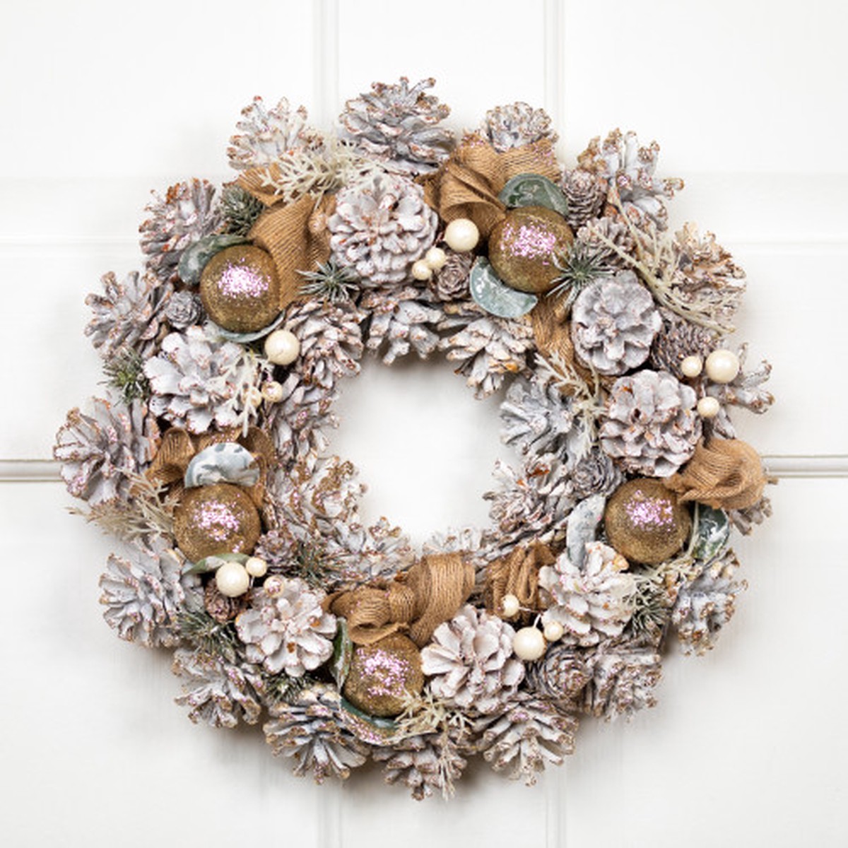 14″ Glittered Pinecones, Burlap and Berries Small Artificial Christmas Wreath – Unlit