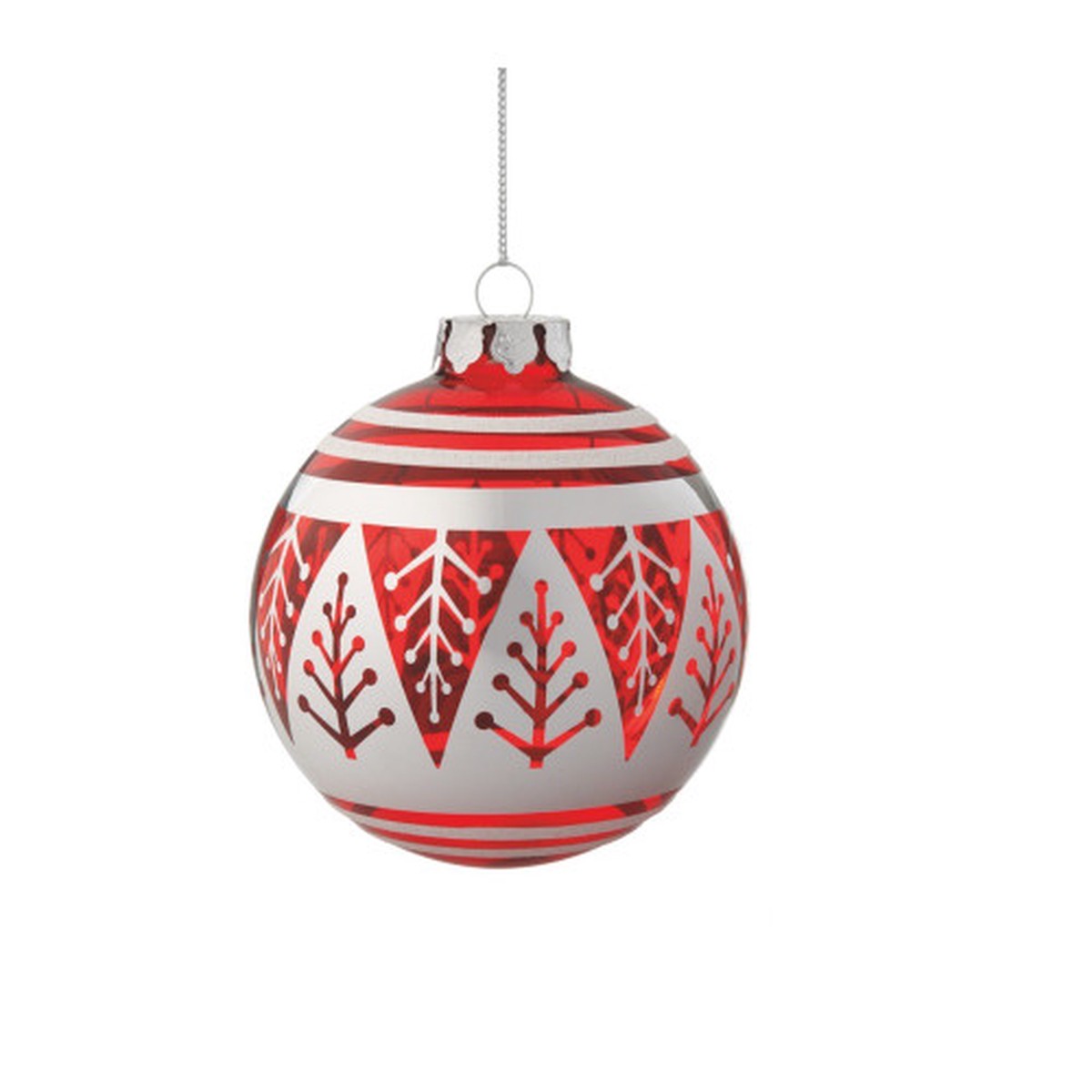 3.75″ Red and White Christmas Tree Design Glass Ball Ornament