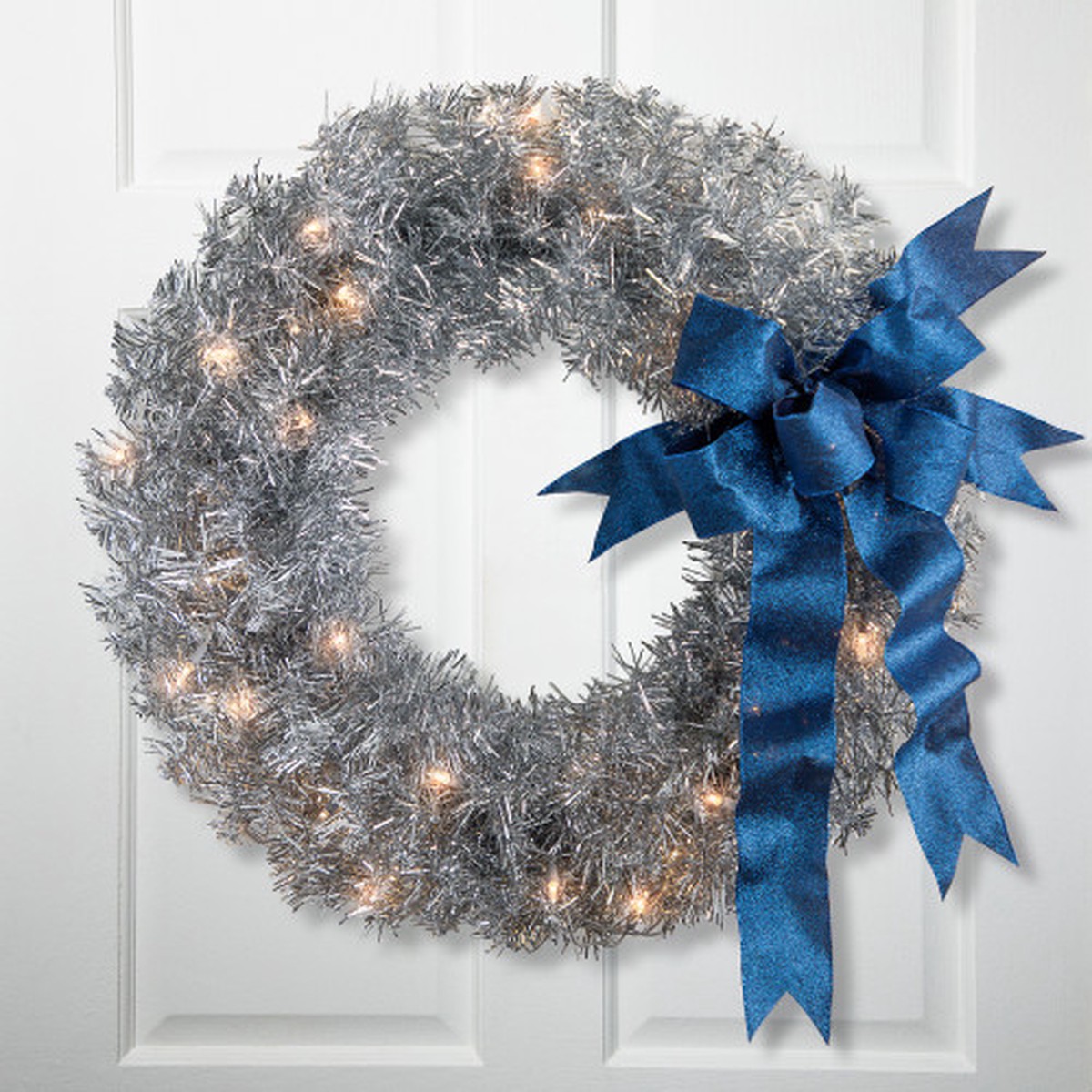 Pre-Lit Artificial Tinsel Christmas Wreath - 24" - Silver - Clear Lights