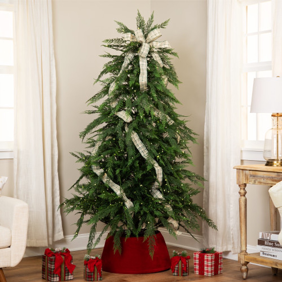 Pre-Lit Medium Weeping Cedar IPT Artificial Christmas Tree – 7.5′ – Dual Color LED Lights
