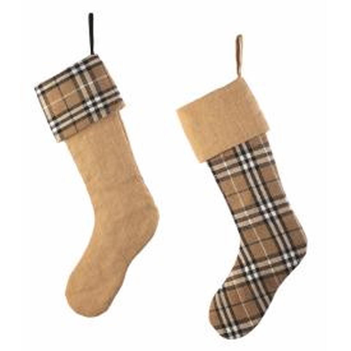 Set of 2 Country Cabin Tan and Black Plaid and Burlap Christmas Stockings 20.5"
