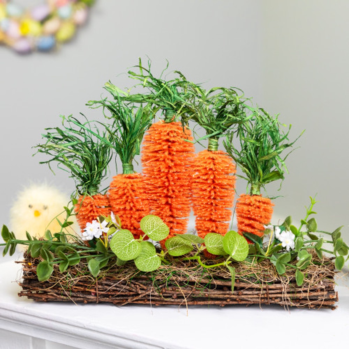 Standing Carrots on Floral Foliage Twig Log Easter Decoration – 2″