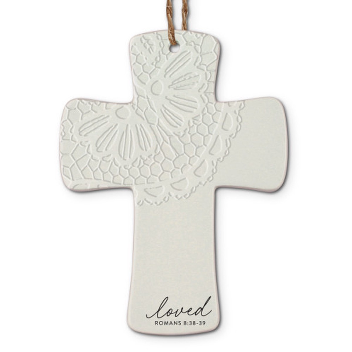 Lace Textured Loved Cross Christmas Ornament – 4.5″ – White