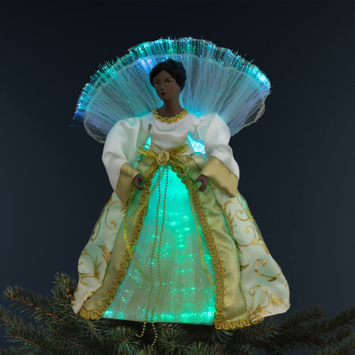 Lighted Fiber Optic African American Angel Christmas Tree Topper – 12″ – Gold