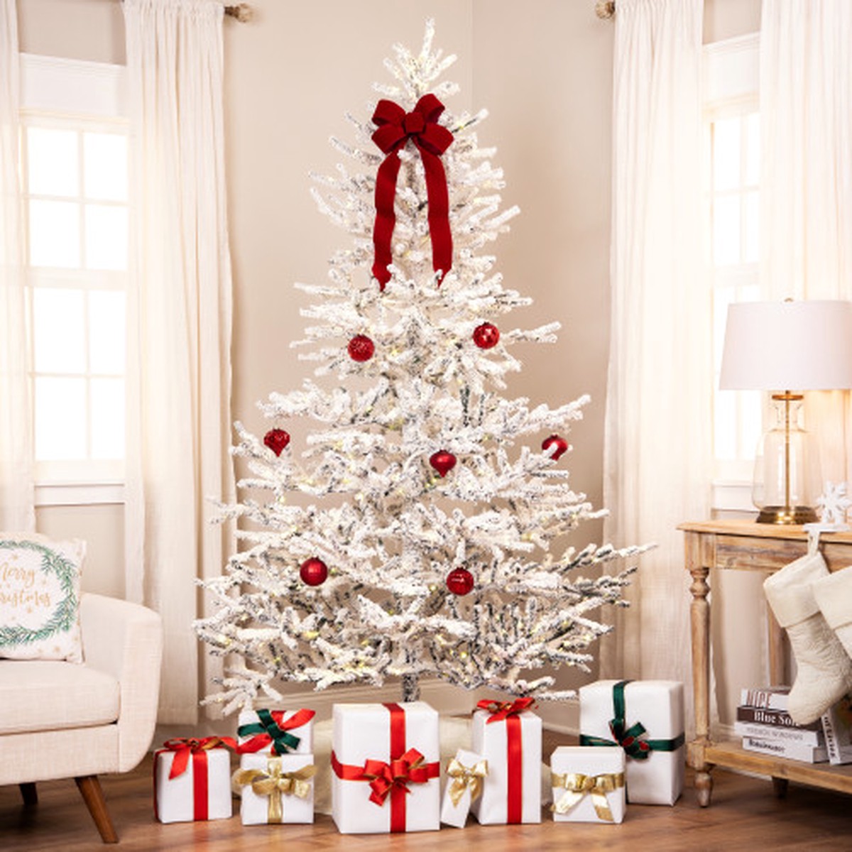 Pre-Lit Medium IPT Artificial Flocked Garden Christmas Tree – 7.5′ – Warm White LED Lights